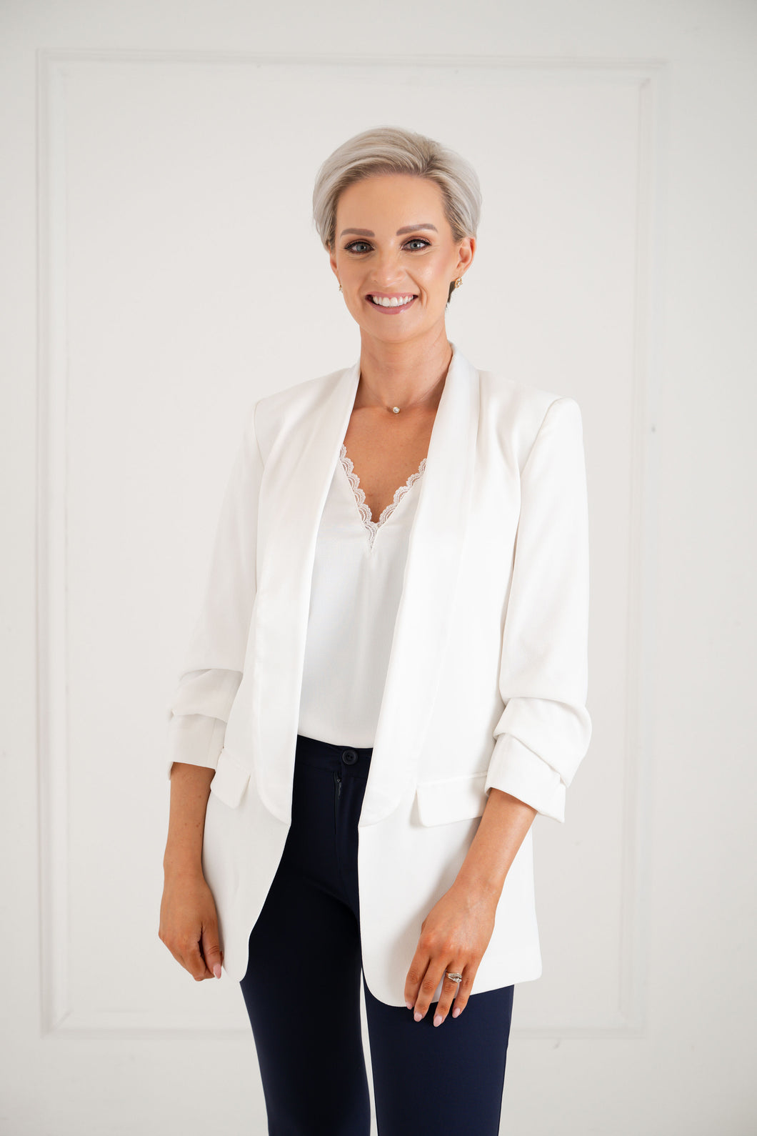 THE KATIE Blazer - Ivory Satin Trim